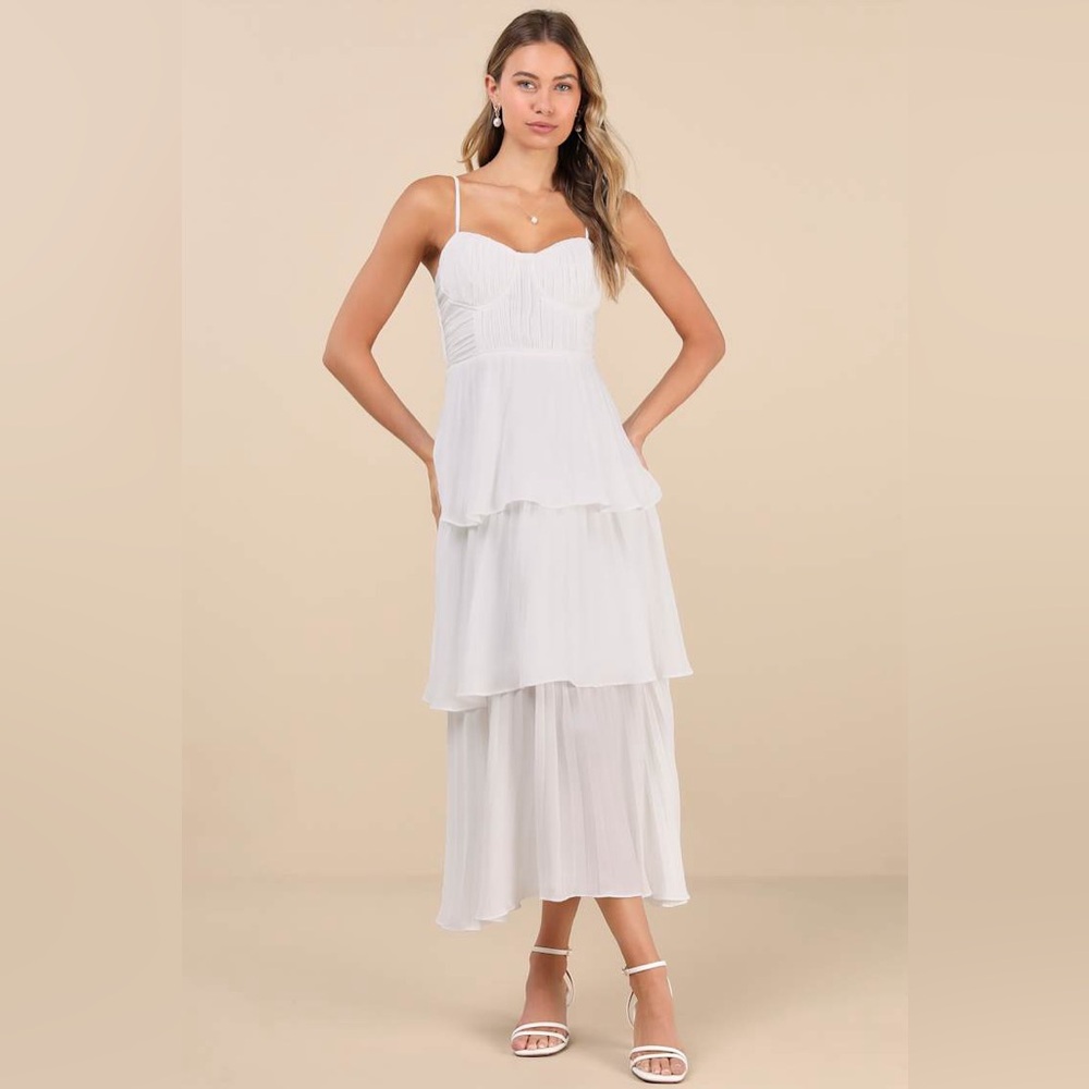 Lulus Cascading Crush Emerald Tiered Bustier Midi Dress